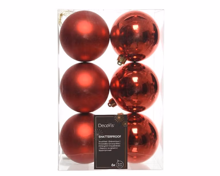 Decoris 6 onbreekbare kerstballen kerstrood 8 cm