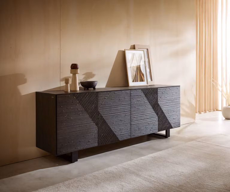 DELIFE Dressoir Tereos Donkerbruin Essenhout met 3D-effect en Zwarte Metalen Sledepoten Breedte: 200 cm