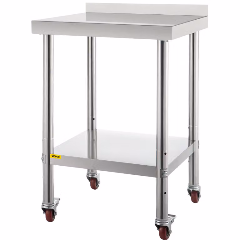 VEVOR roestvrijstalen voorbereidingstafel met verstelbare achterwand en 4 wielen, B/D/H: 61 x 61 x 89 cm