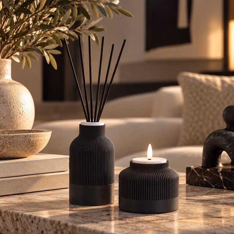 Amelie Gift Set met Amber Oak Geurstokjes Diffuser 200ml en Luxe Oplaadbare LED Kaars