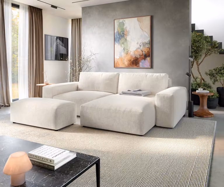 DELIFE Hoekbank Lanzo XL Beige met hocker en sierkussens, B/D/H: 274 x 175 x 69 cm