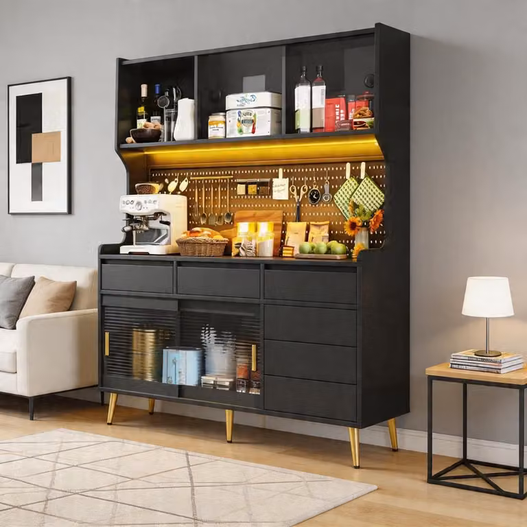 KOMHTOM Moderne hoge kast met LED-verlichting en app-bediening, Zwart, B: 145 cm, D: 39 cm, H: 171 cm