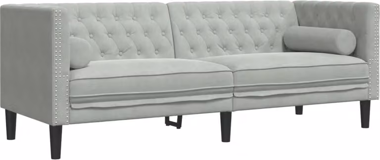 vidaXL Driezitsbank Chesterfield-stijl in lichtgrijs fluweel met sierkussens