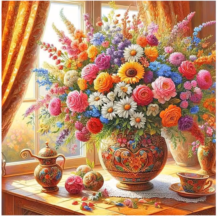Vemera Diamantschilderij Bloemen in Vaas bij Raam - 40 x 40 cm - Complete Diamantschilderset voor Wanddecoratie