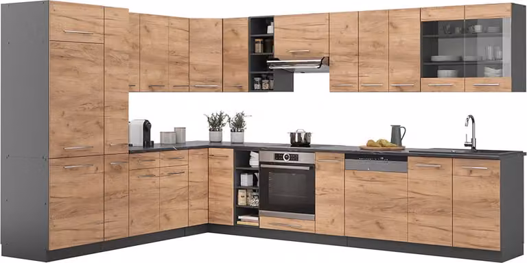 Vicco Fame-Line Hoekkeuken Goudkleurig Eiken en Antraciet, Model 47326, 347 x 257 cm