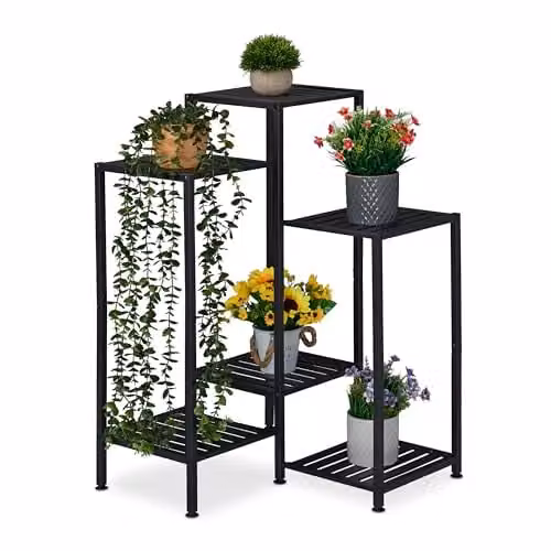 Relaxdays Plantenrek van metaal met 6 plateaus, zwart, H x B x D: 81 x 55 x 55 cm