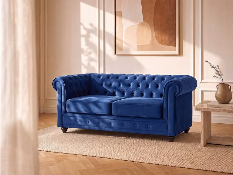 Vente-unique Tweezitsbank Chesterfield in blauw velours