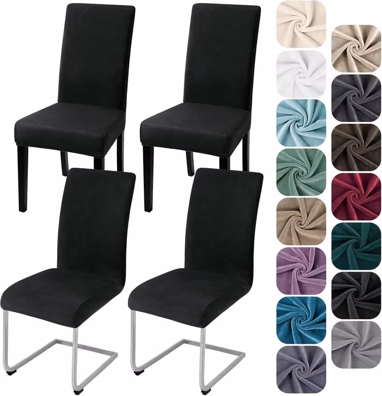 Set van 4 Stretch Velvet Stoelhoezen Zwart voor Eetkamerstoelen