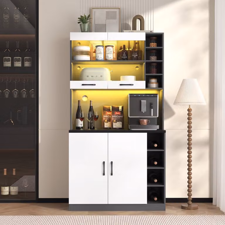 MODFU Keukenkast met LED-verlichting en glazen deuren, Houten Buffet met kabelgaten en verstelbare zijkasten, H x B x D: 187 x 100 x 47 cm