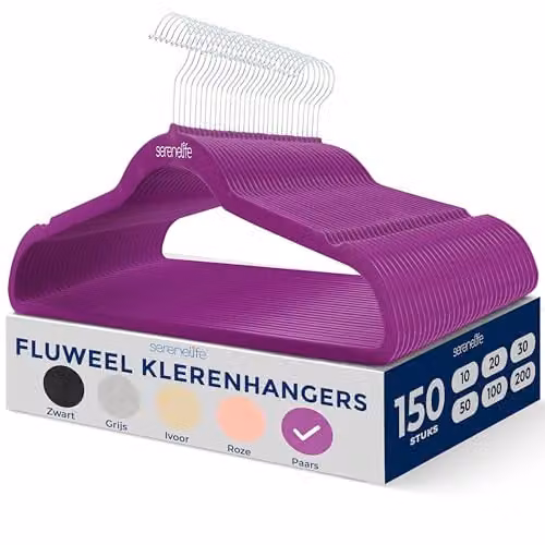 SereneLife Fluwelen Kledinghangers met Antislip en 360° Draaihaak - 150 Stuks - Paars