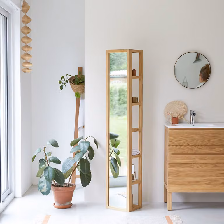 Tikamoon Rechte Wandkast van Massief Teak met Spiegeldeuren - Bruin - B: 30 cm, D: 25 cm, H: 170 cm