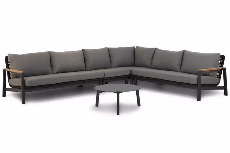 Coco Ralph/Rimini 5-delige moderne hoek loungeset met grijze kussens en behandeld hardhout