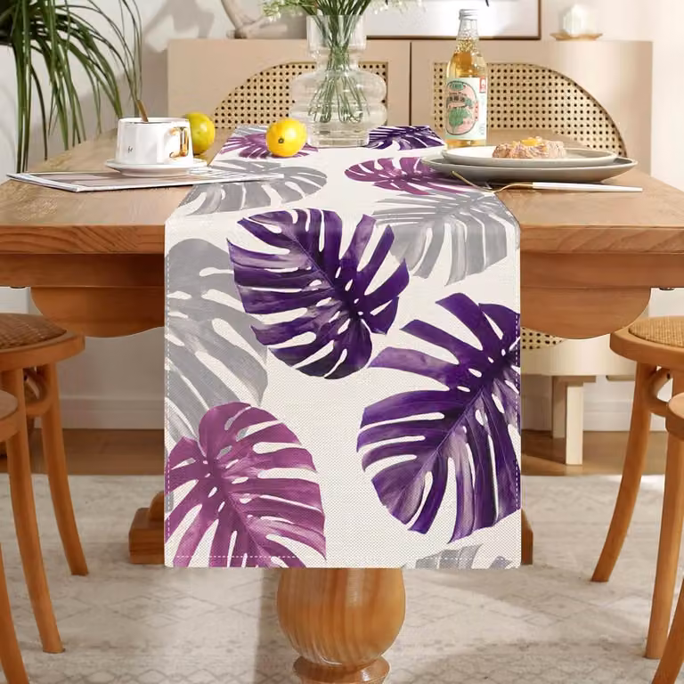 SnelShoppen Table Runner Paars Schildpad Blad - Linnen Tafelmat voor Eetkamer of Dressoir - 40 x 140 cm