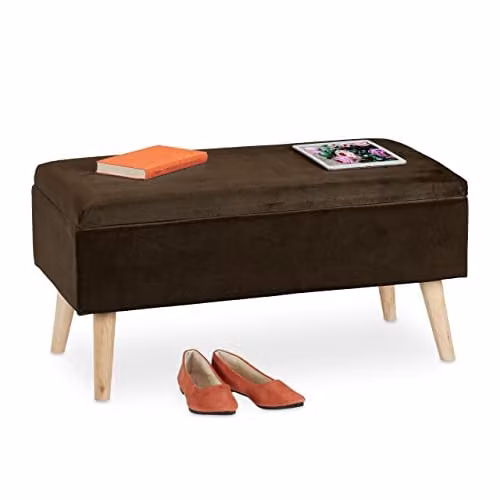 Relaxdays Opbergbank Velours Bruin met Houten Poten, B: 80 cm, D: 41 cm, H: 41 cm