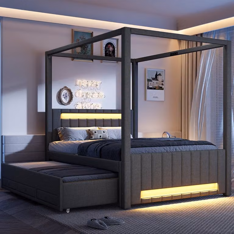 Grijs Hemelbed met uittrekbed, 3 laden en LED-verlichting, B/D: 140 x 200 cm