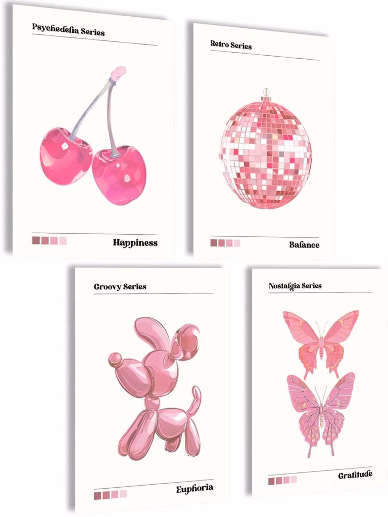 SnelShoppen Aura poster set - Retro roze Y2K stijl kamerdecoratie - 4 x A4 (21 x 30 cm)