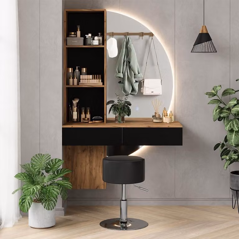 Vicco Melora Kaptafel set met kruk en LED-spiegel, Eiken/Zwart, Breedte: 100 cm