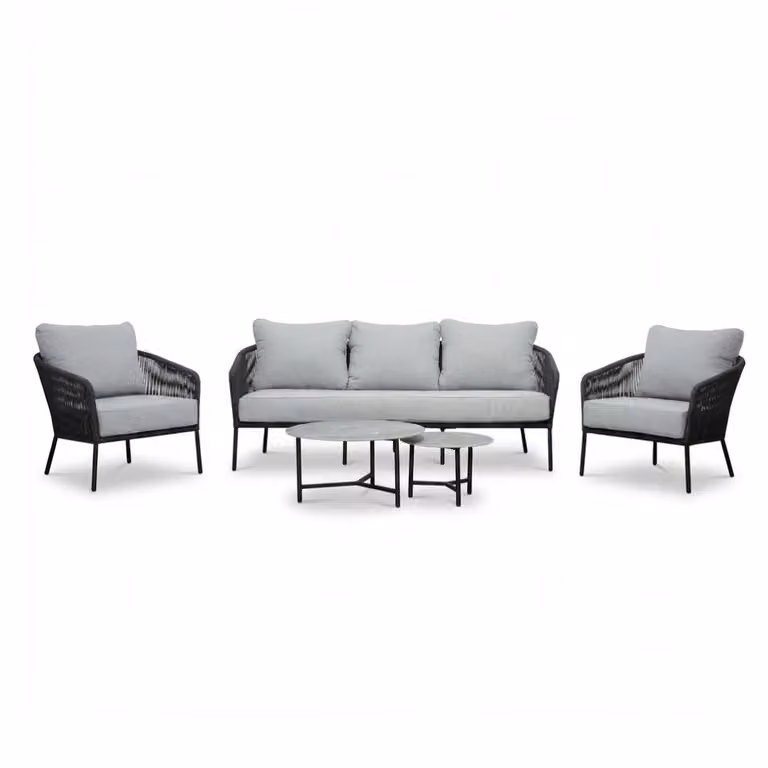 Mara loungeset voor 5 personen inclusief Logan tafels, Stone Grey, 5-delig met touw en aluminium