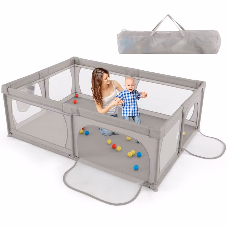 Costway Babyhekje met 50 ballen, ademend gaas en ritssluiting, lichtgrijs, 206 x 147 cm