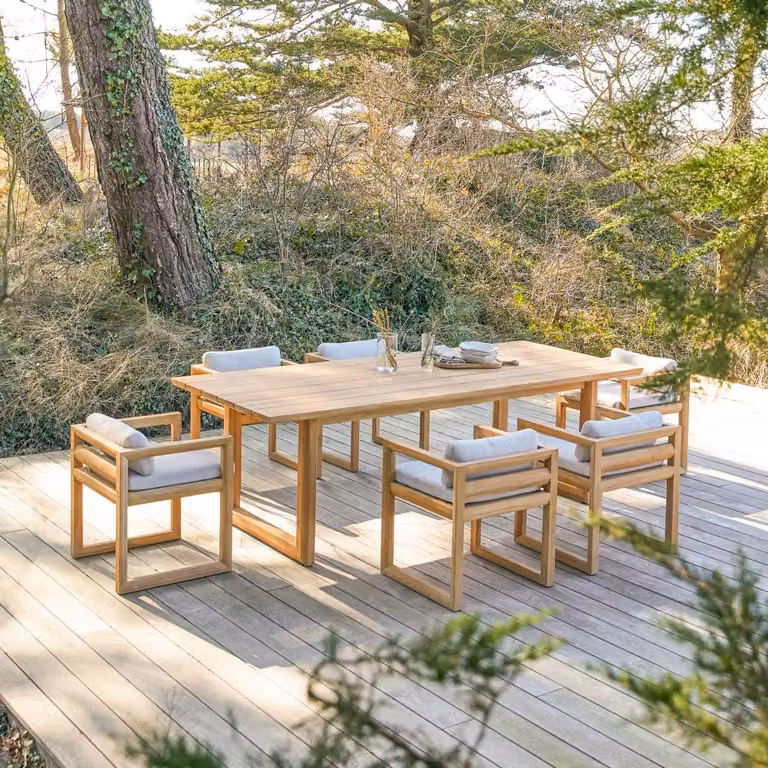 Tikamoon Noah massief teakhouten tuinset met 6 stoelen - Wit/Beige - B/D/H: 160 x 101,6 x 76 cm