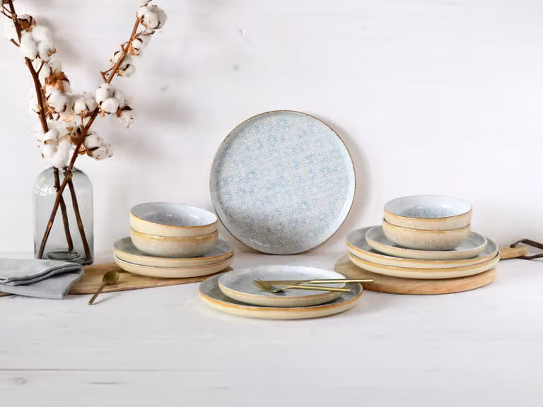 CreaTable Uno Emiliana 12-delige servieset van aardewerk voor 4 personen, blauw/multicolor