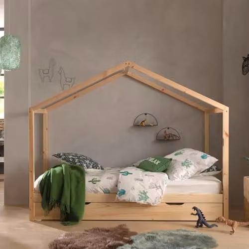 Vipack Dallas 3 Huisbed voor kinderen met lade en opbergbox, massief hout, natuur, 90 x 200 cm