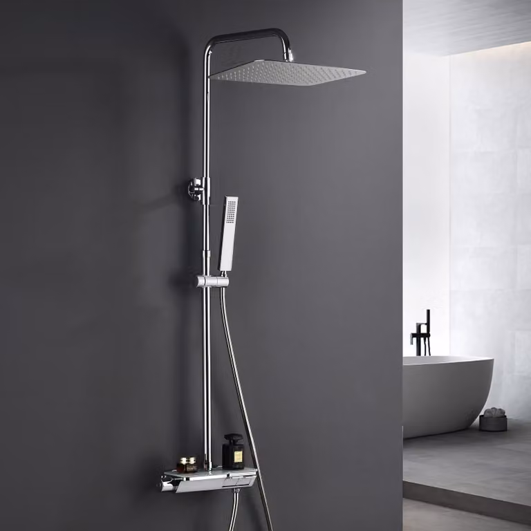 Görbach JOHO Regendusche doucheset met thermostatische douchestang en hoofddouche, Chroom, 35 x 25 cm