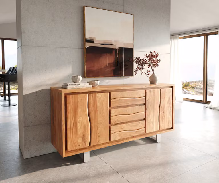 DELIFE Dressoir Live-Edge Acacia Natuur met 3 Laden en 4 Deuren, Bruin met Zilver