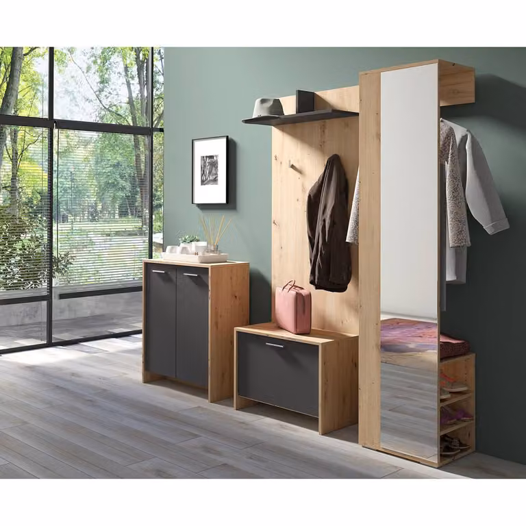 home24 Schoenenkast Artisan eikenlook en antraciet, B: 63 cm, H: 83 cm, D: 35 cm