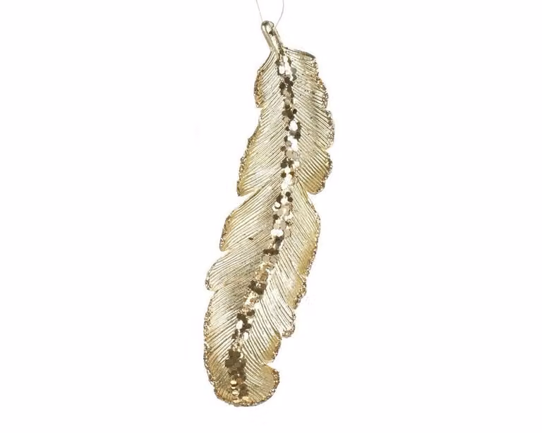 Licht gouden kersthanger met veren, hoogte: 19 cm