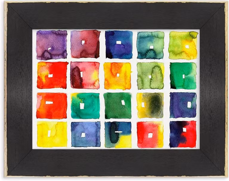 Ingekaderde poster met abstract aquarel ontwerp in zwart goud, 30 x 40 cm
