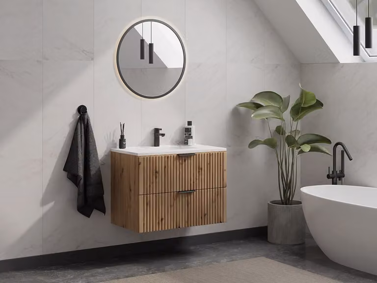 ZEVARA Geribbeld hangmeubel voor badkamer met inbouwwastafel, Licht naturel, Breedte: 80 cm
