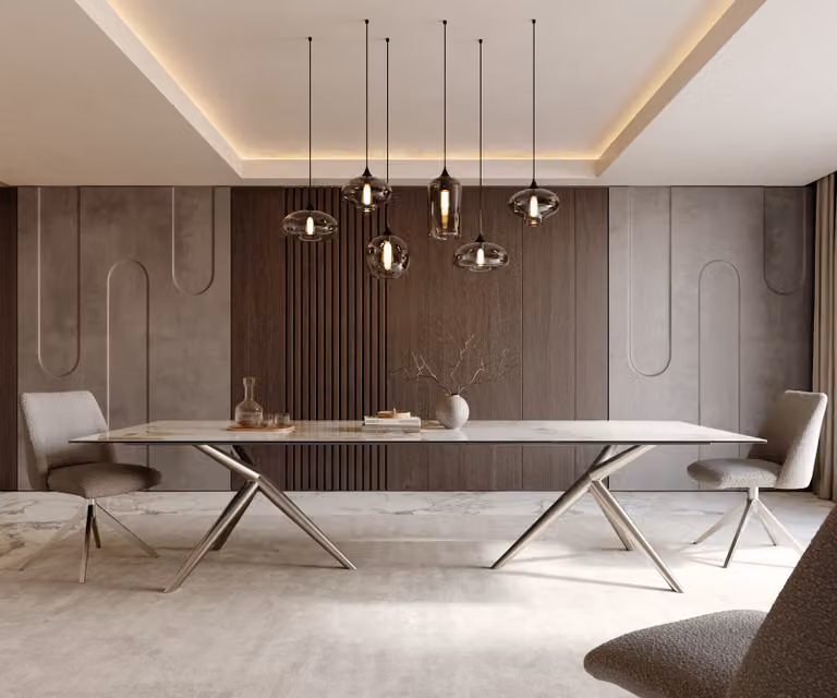 DELIFE Eetkamertafel Edge Minas Melange wit-beige met keramisch blad en roestvrij stalen onderstel, B/D/H: 300 x 100 x 76 cm