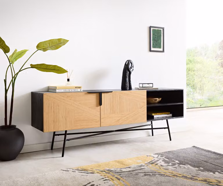 DELIFE Dressoir Mikkusu Modern met Bamboe en Mango Hout, Zwart/Bruin, Breedte: 175 cm