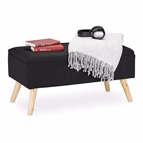 Relaxdays Zitbank met opbergruimte in zwart met houten eucalyptus poten, B/D/H: 120 x 79,5 x 39,5 cm