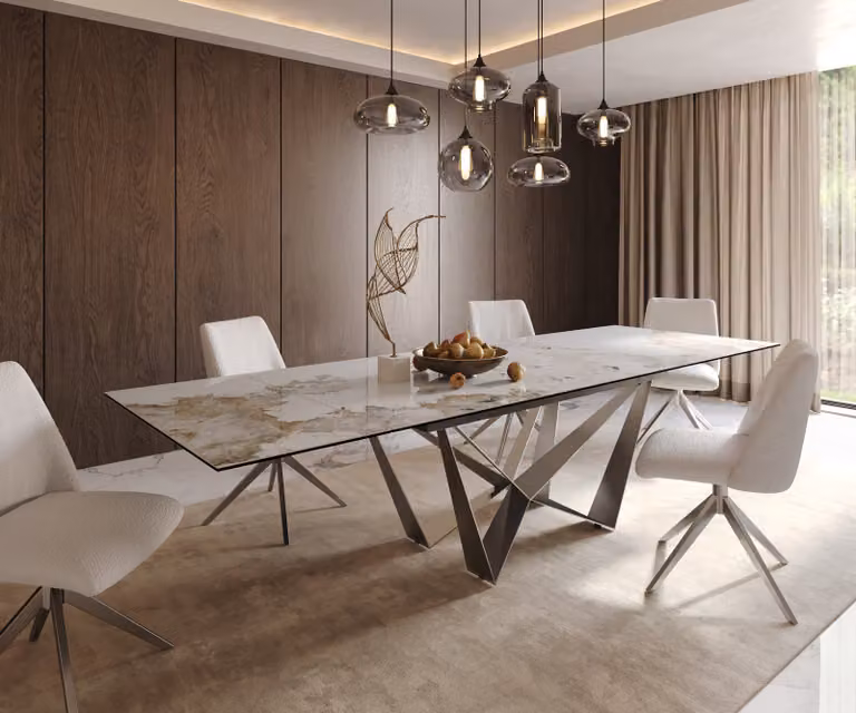 DELIFE Eetkamertafel Edge Minas Melange wit-beige keramiek met RVS onderstel, uitschuifbaar, B/D/H: 200-300 x 100 x 78 cm