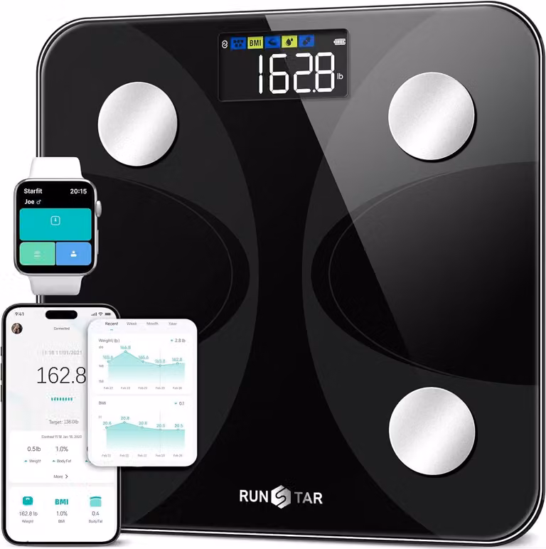 RunSTAR FG 2210 lichaamsanalyseweegschaal met app voor gewicht, lichaamsvet, BMI, spier-/botmassa en lichaamswater, tot 180 kg
