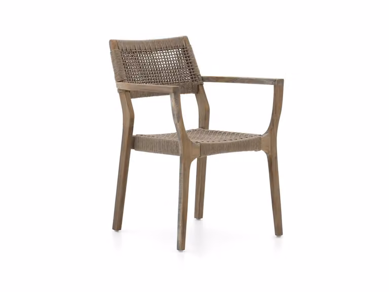 ROUGH Dining tuinstoel met armleuningen, Teak en Grijs Touw, Stapelbaar