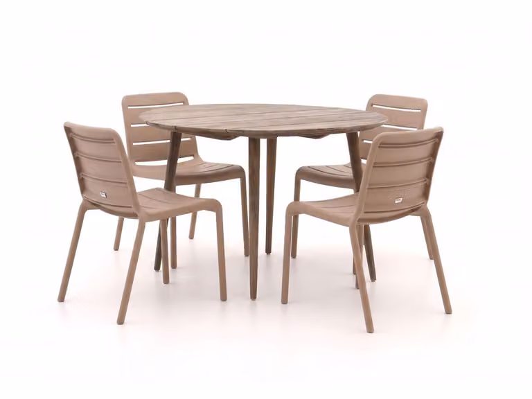 Forza Furniture Diningset Forza voor 4 personen, Teakhout, Bruin/Beige, Ronde Tuinset