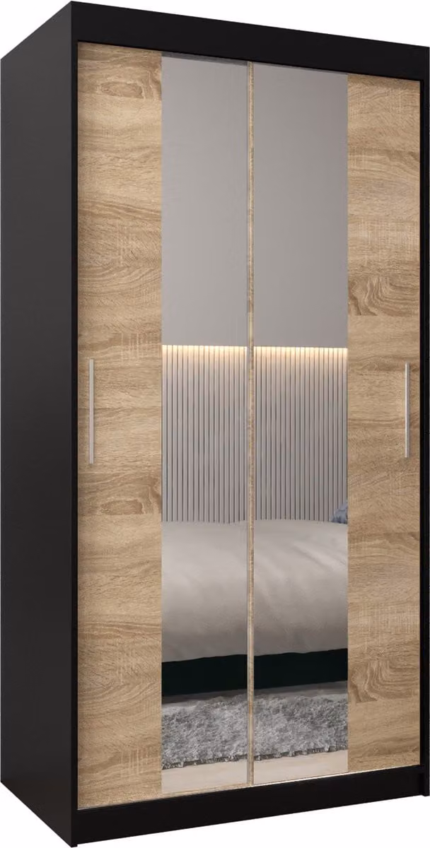 InspireMe TORM I 100 Kledingkast met 2 schuifdeuren, Zwart Mat en Sonoma Eik, B/D/H: 100 x 62 x 200 cm