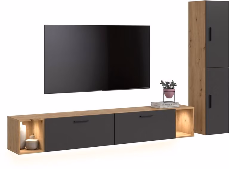 Furnilux Woonwand met verlichting in artisan eik en open planken