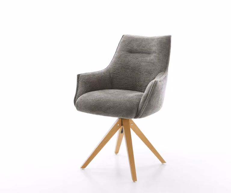 Alja-Flex Eetkamerstoel met armleuning, Bouclé Zacht Mud, Natuurlijk Houten Frame, 360° Draaibaar