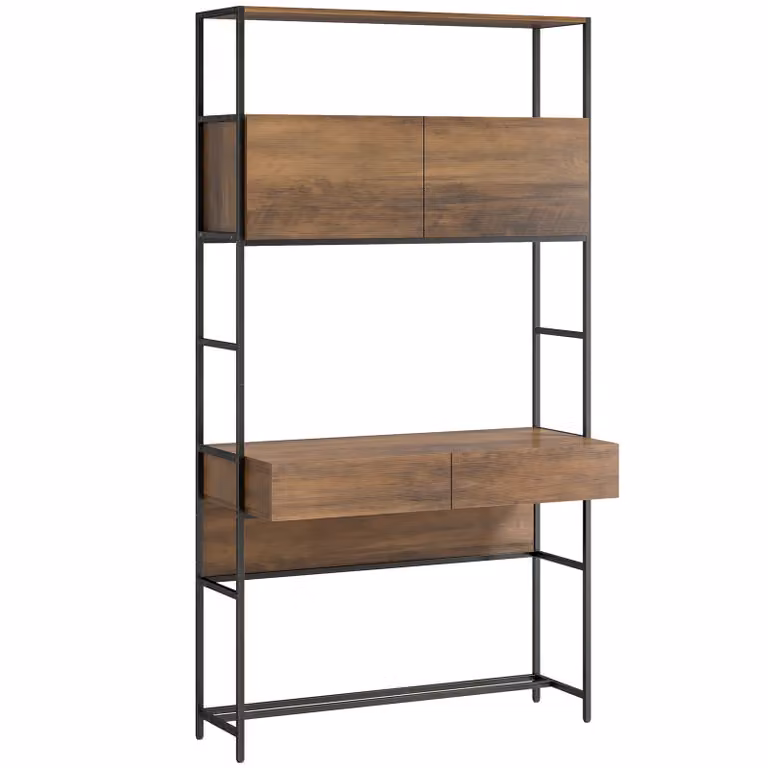 HOMCOM Computertafel met planken en 2 lades voor uw thuiskantoor, Bruin houtlook, Hoogte: 185 cm