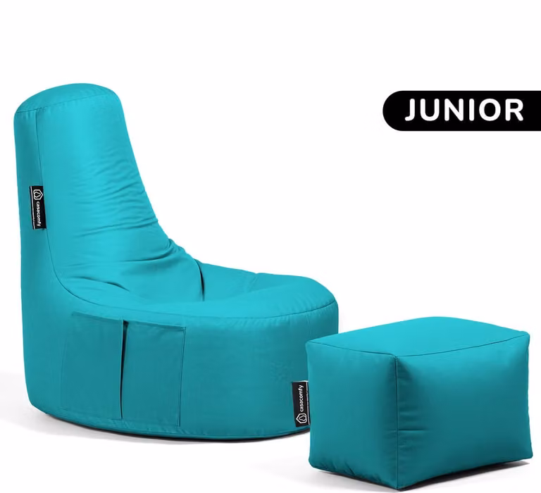 Casacomfy Gamer Junior Zitzak met Voetbankje voor Kinderen - Aquablauw - Waterbestendig voor Binnen en Buiten