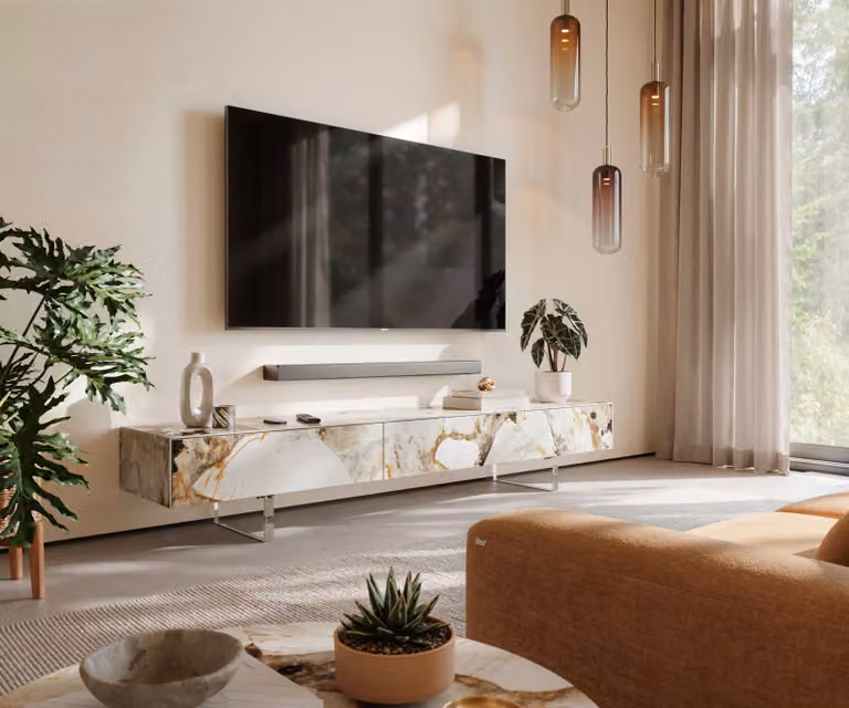 Tv-meubel Cuor 200 cm met Keramiek Patagonia gepolijst, 1 flap en 1 lade met zwevende voet look van acrylglas
