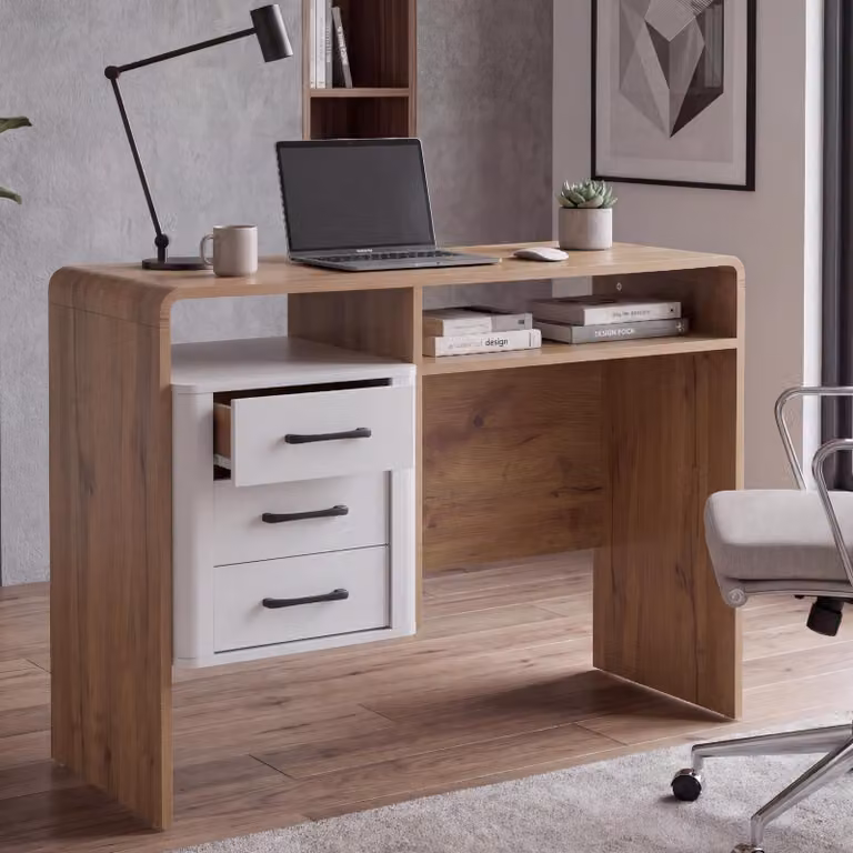 Mendler Kantoorbureau HWC-P43 met 3 lades, Wotan-eikenhout en wit, B: 100 cm, D: 75 cm, H: 40 cm