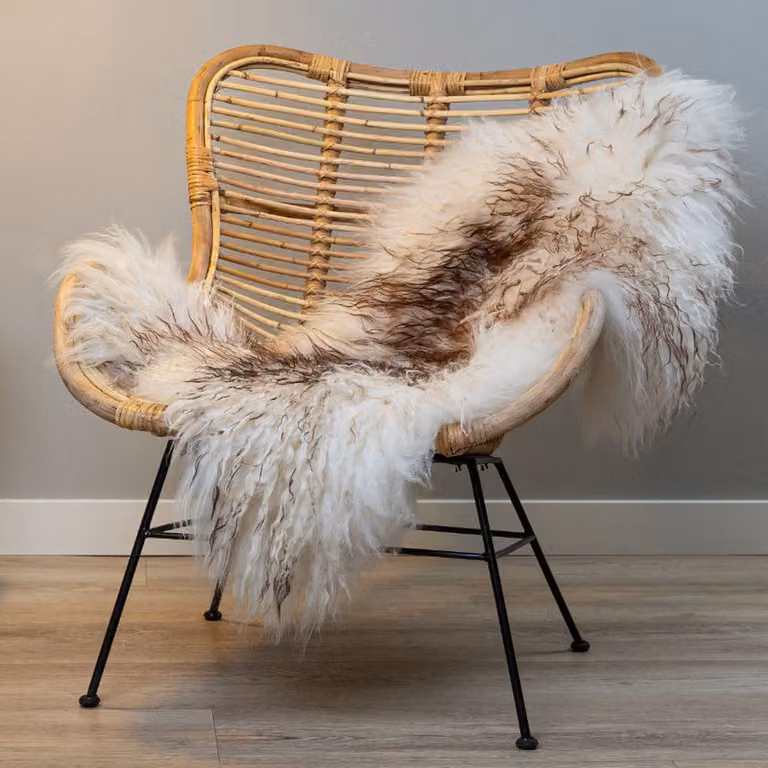 WOOOL IJslandse Schapenvacht Curly Wit Bruin L - 100% Natuurlijk Echt Vloerkleed - B/D: 105 x 60 cm