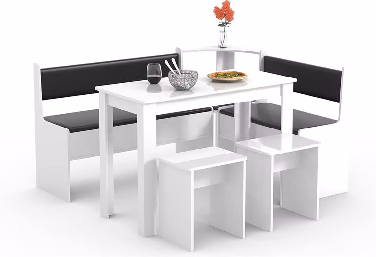 Compacte Hoekbank Eetkamerset met Tafel en Krukken - Ruimtebesparend Wit