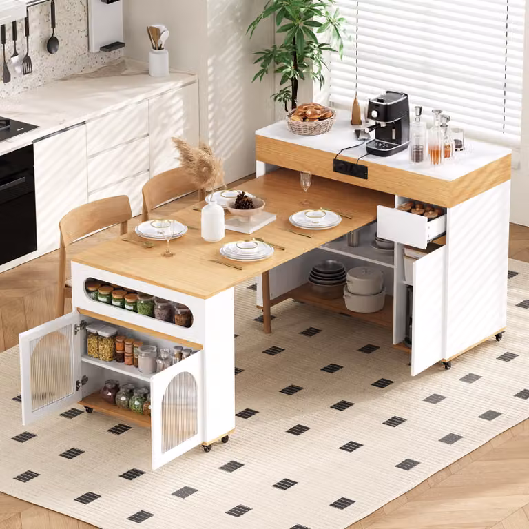 STILVORA Keukenblok met wielen en uitschuifbare eettafel, dressoir met lade en stopcontacten, wit en natuurlijke houtkleur