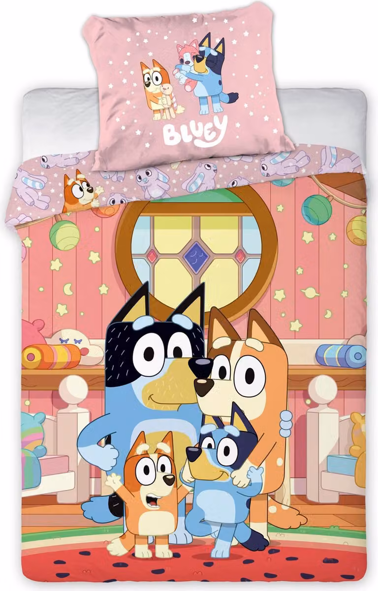 Mac Bluey & Familie Wafelkatoenen beddengoedset voor kinderen, 135 x 200 cm en 80 x 80 cm